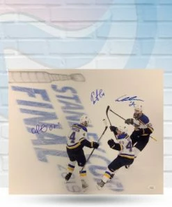 Fan Cave Sports Alex Pietrangelo, Carl Gunnarsson And Ivan Barbashev St Louis Blues Triple Autographed Stanley Cup Final 16x20 Photo - JSA Autographed Memorabilia