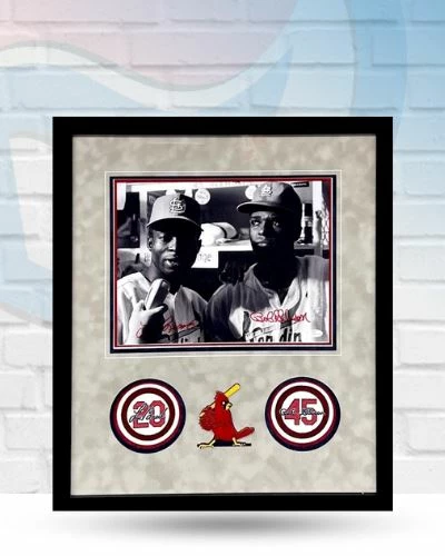 Fan Cave Sports Autographed Memorabilia Bob Gibson And Lou Brock St Louis Cardinals Autographed Framed 11x14 With Patches - JSA 1 Fan Cave Sports Autographed Memorabilia Bob Gibson And Lou Brock St Louis Cardinals Autographed Framed 11x14 With Patches - JSA