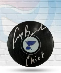 Fan Cave Sports Autographed Memorabilia Craig Berube St Louis Blues Autographed Blues Logo Puck W/ "Chief" Inscription - COA