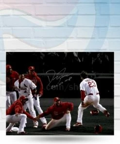 Fan Cave Sports David Freese St Louis Cardinals Autographed Throwing Helmet 11x14 Photo With Inscription B&W- JSA Autographed Memorabilia