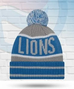 New Era Hats Detroit Lions Banner Block Stripe Knit Pom Beanie