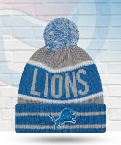New Era Hats Detroit Lions Banner Block Stripe Knit Pom Beanie