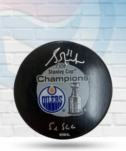 Fan Cave Sports Grant Fuhr Edmonton Oilers Autographed 1990 Oilers Stanley Cup Puck W/ "5x SCC" Inscription