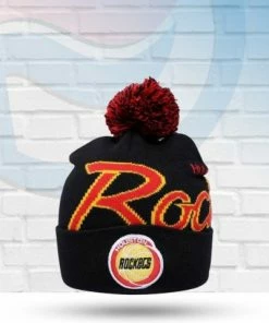 Mitchell & Ness Houston Rockets Script Burst Knit Pom Beanie Hats