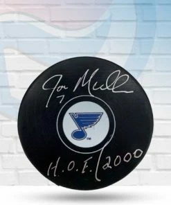 Fan Cave Sports Joe Mullen St Louis Blues Autographed Logo Puck W/ "HOF 2000" Inscription - COA Autographed Memorabilia
