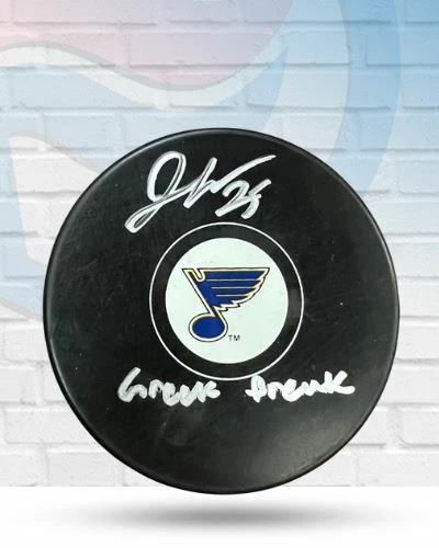 Fan Cave Sports Autographed Memorabilia Jordan Kyrou St Louis Blues Autographed Logo Puck With Inscription- JSA 1 Fan Cave Sports Autographed Memorabilia Jordan Kyrou St Louis Blues Autographed Logo Puck With Inscription- JSA