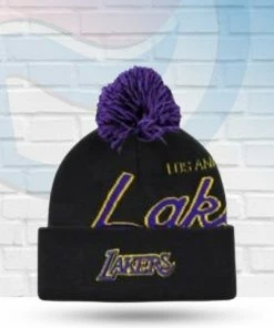 Mitchell & Ness Los Angeles Lakers Script Burst Knit Pom Beanie