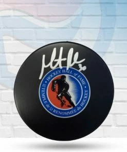 Fan Cave Sports Martin Brodeur New Jersey Devils Autographed Hall Of Fame Logo Puck - JSA