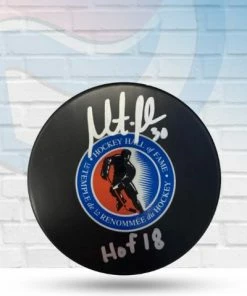 Fan Cave Sports Martin Brodeur New Jersey Devils Autographed Hall Of Fame Logo Puck W/ "HOF 18" Inscription - JSA Autographed Memorabilia