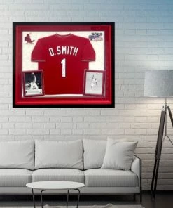 Fan Cave Sports Autographed Memorabilia Ozzie Smith St Louis Cardinals Autographed Framed Mitchell And Ness Jersey W/ The Wizard And HOF 02 Inscription - JSA