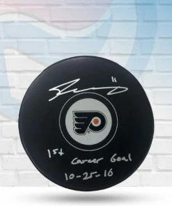 Fan Cave Sports Autographed Memorabilia Travis Konecny Philadelphia Flyers Autographed Logo Puck W/ 1st Goal Inscription - JSA