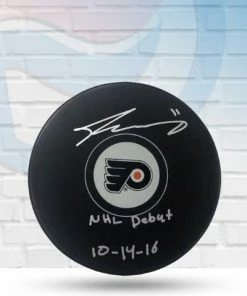 Fan Cave Sports Travis Konecny Philadelphia Flyers Autographed Logo Puck W/ Debut Inscription - JSA Autographed Memorabilia